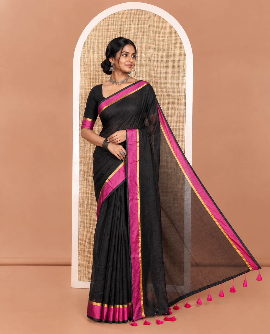 Black Plain Khadi Mul Cotton Saree, Complemented by Contrast Zari Striped Border, Plain Pallu, and Paired with a Matching Blouse