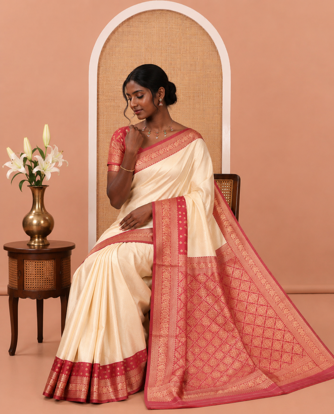 Cream-Maroon Embossed Art Kanchi Silk Saree, a Contrast Traditional Zari Border, Intricate Pallu, and a Contrast Blouse