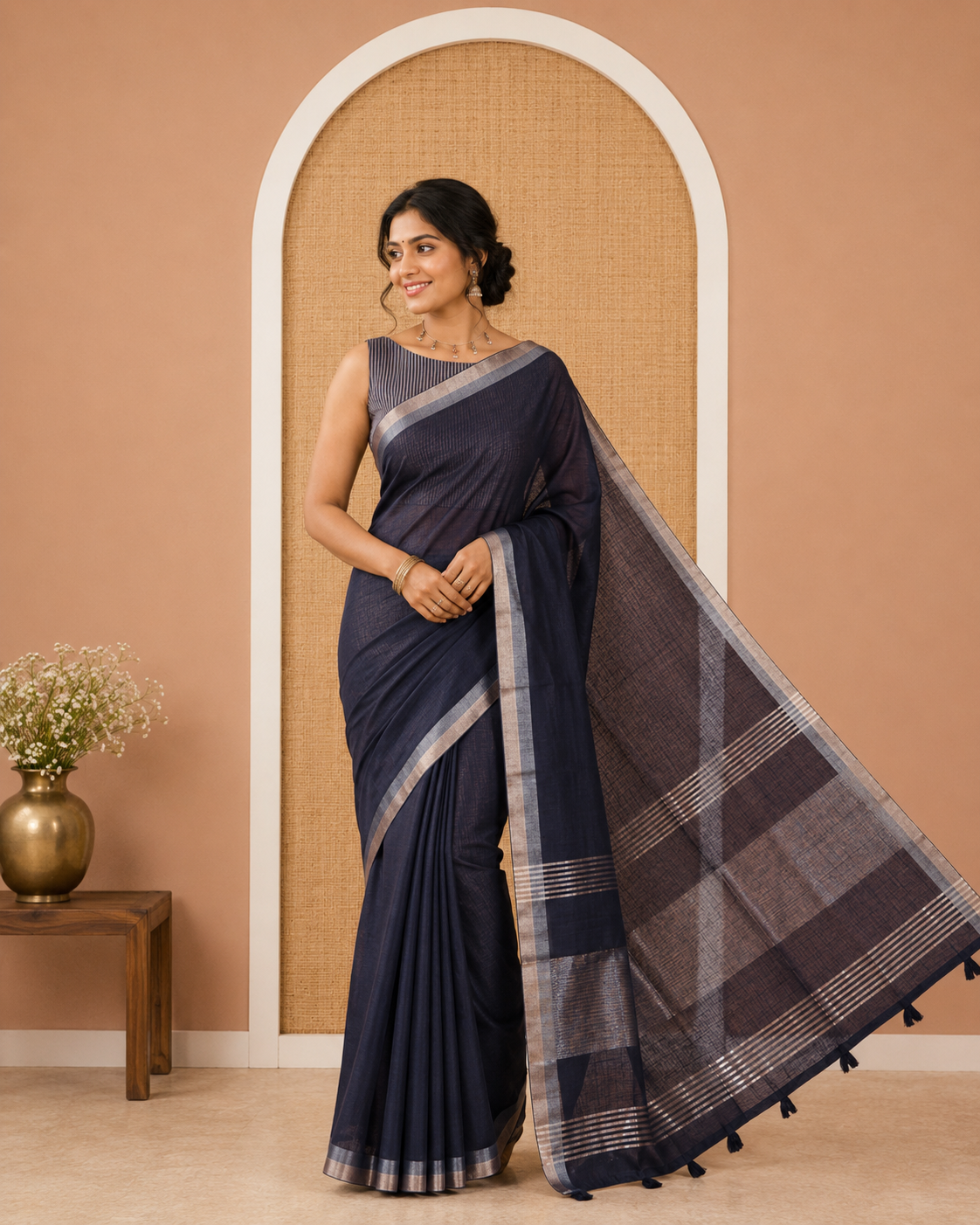 Navy Blue Plain Linen Cotton Saree, a Subtle Zari Border, a Self-Pallu, and Matching Blouse