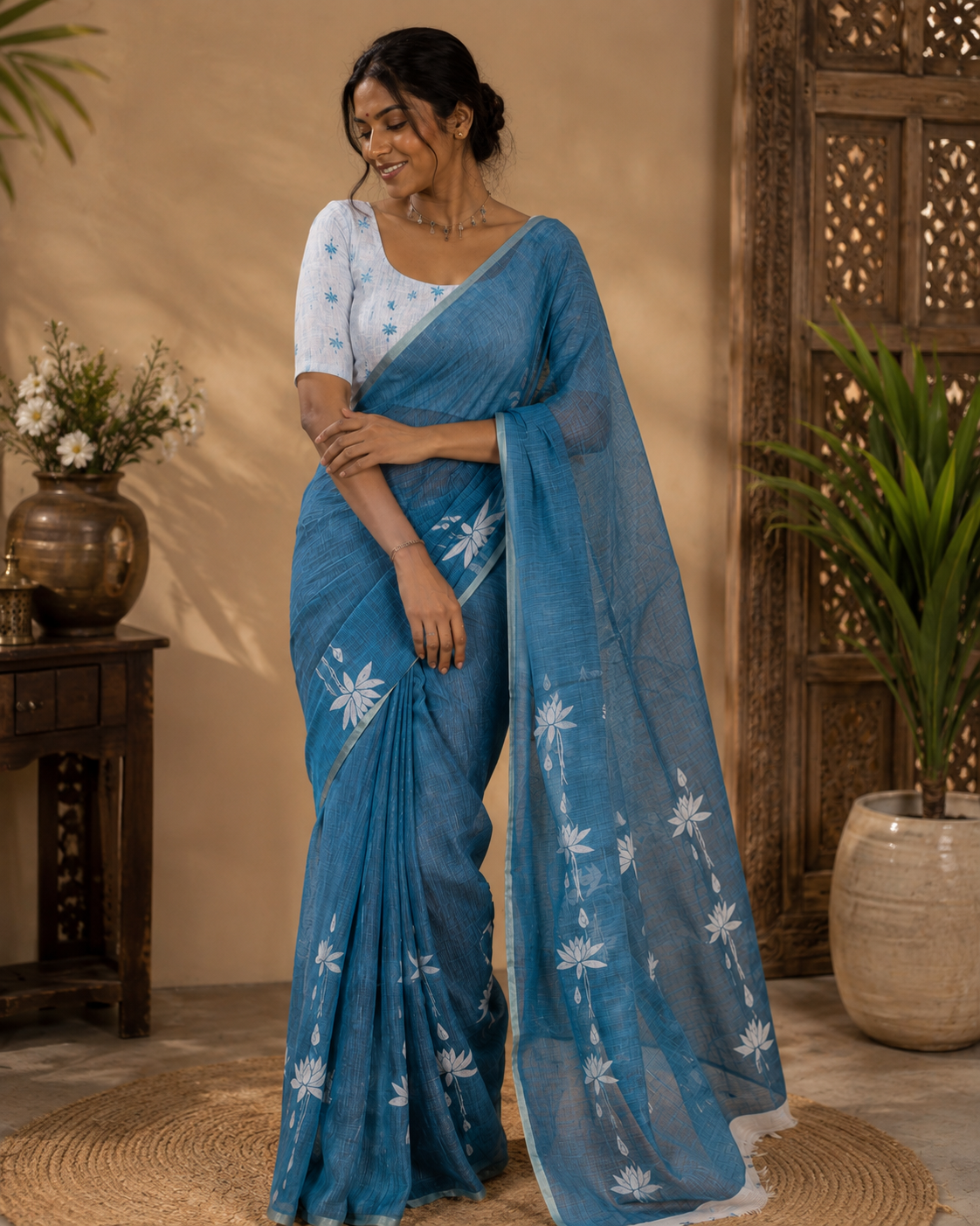 Blue Linen Cotton Saree, Adorned with Pichwai Lotus Motifs Print, Subtle Piping Border, Pallu Mirrors the Same Pichwai Lotus Print, and Paired with a Contrast Pichwai Lotus Printed Blouse