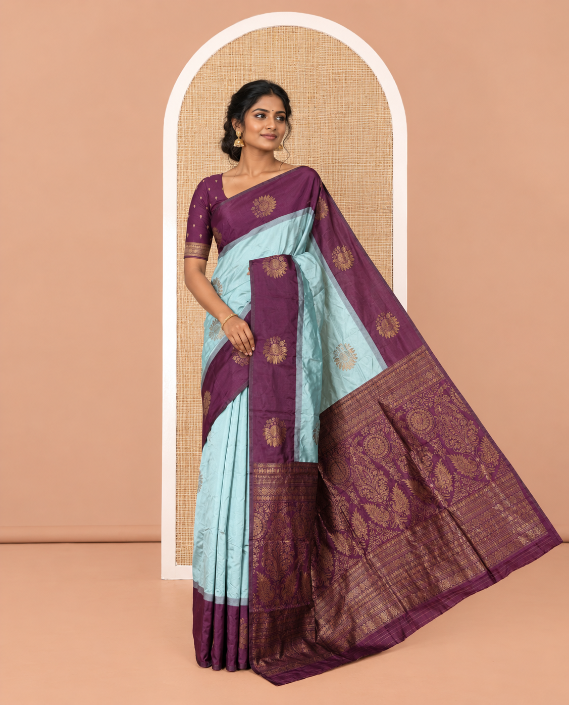 Dusky Pastel Green Art Silk Saree with Floral Zari Buttas All Over Its Body, Complemented by Contrast Floral Design Border, Intricately Designed Pallu, and Paired with a Contrast Blouse