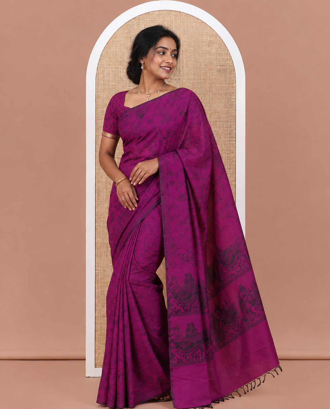 Borderless Purple South Cotton Saree Features Traditional Village-Theme Print, and a Matching Blouse
