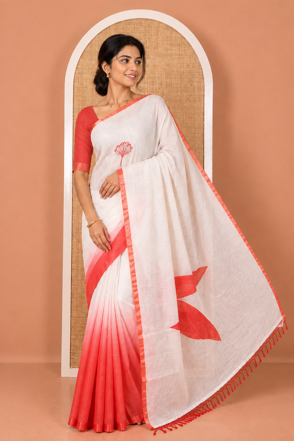 White-Red Linen Cotton Saree Features Floral Print, Ombre-Style Dual-Color, a Piping Border, and a Contrast Blouse
