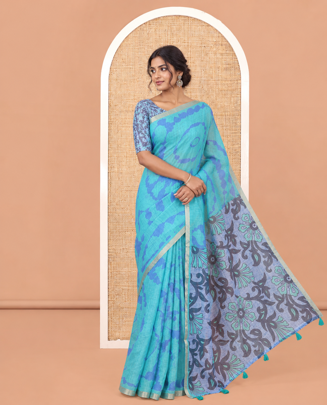 Rama Shibori Printed Linen Cotton Saree, a Piping Border, Floral Pallu, and a Contrast Blouse