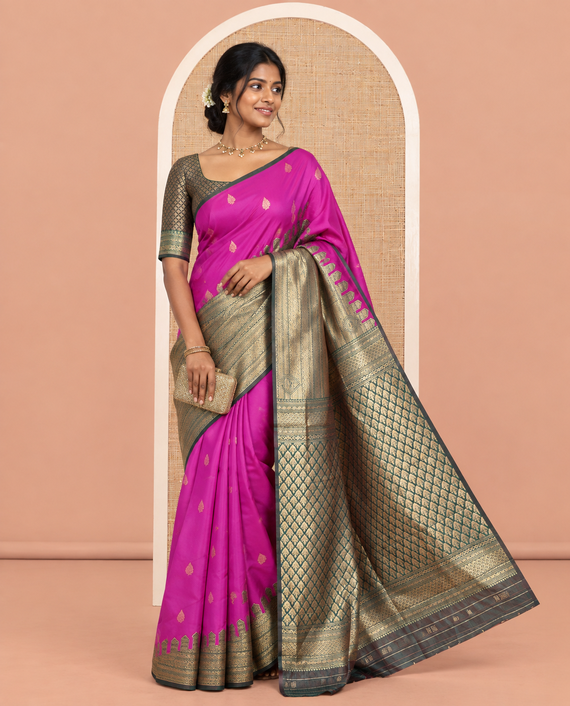 Borderless Magenta Art Kanchi Silk Saree, Adorned with Buttas and Jacquard Design, Jaal Pallu, and a Contrast Blouse