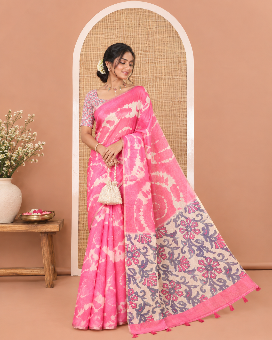Borderless Pink Linen Cotton Saree, Accentuated with Shibori Printed on Its Body, Complemented by Contrast Floral Printed Pallu, and Paired with a Contrast Floral Printed Blouse