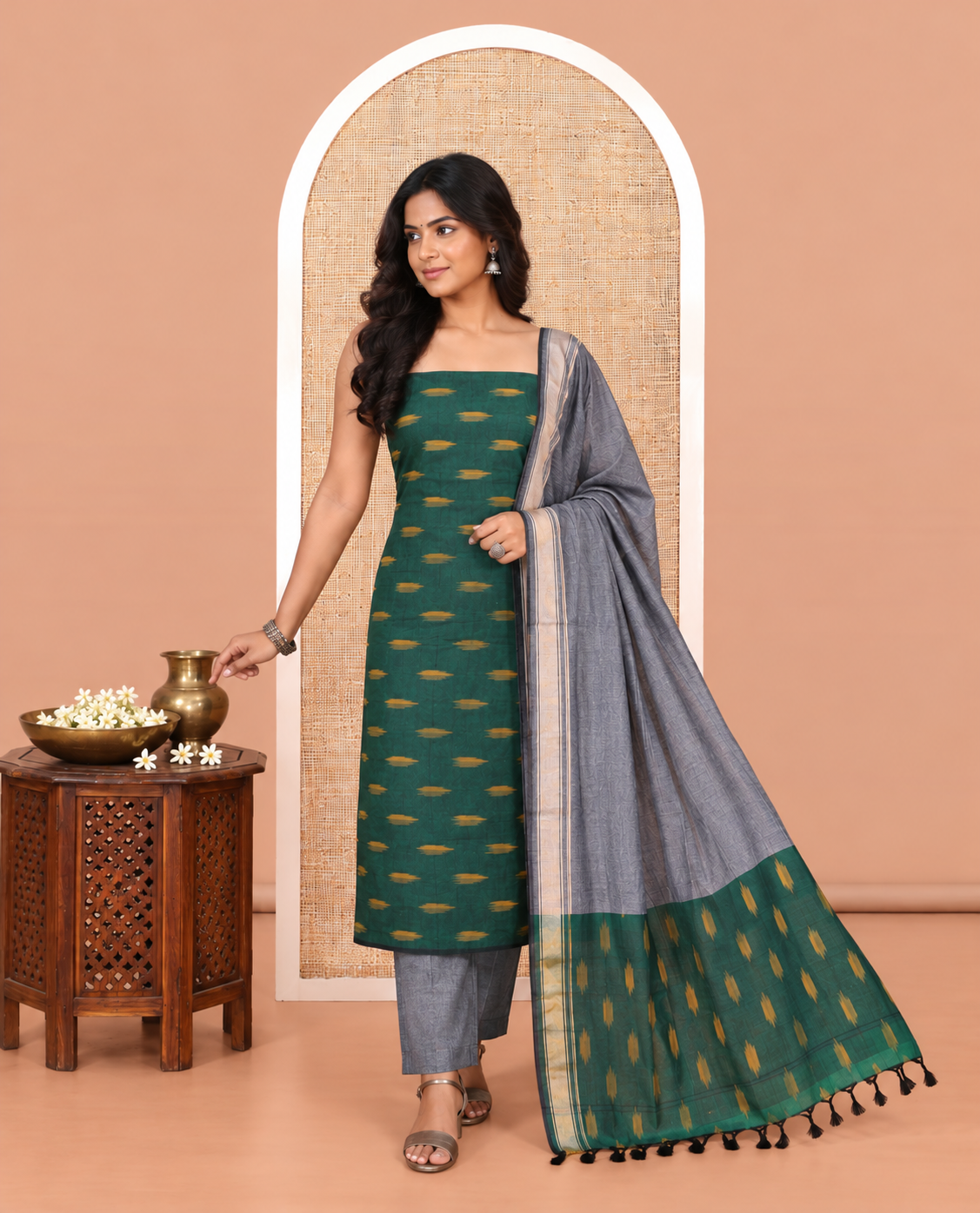 Green-Grey Pure Cotton Saree Material Chudidar Ikat Buttas Top, a Contrast Bottom, and Ikat Buttas Dupatta