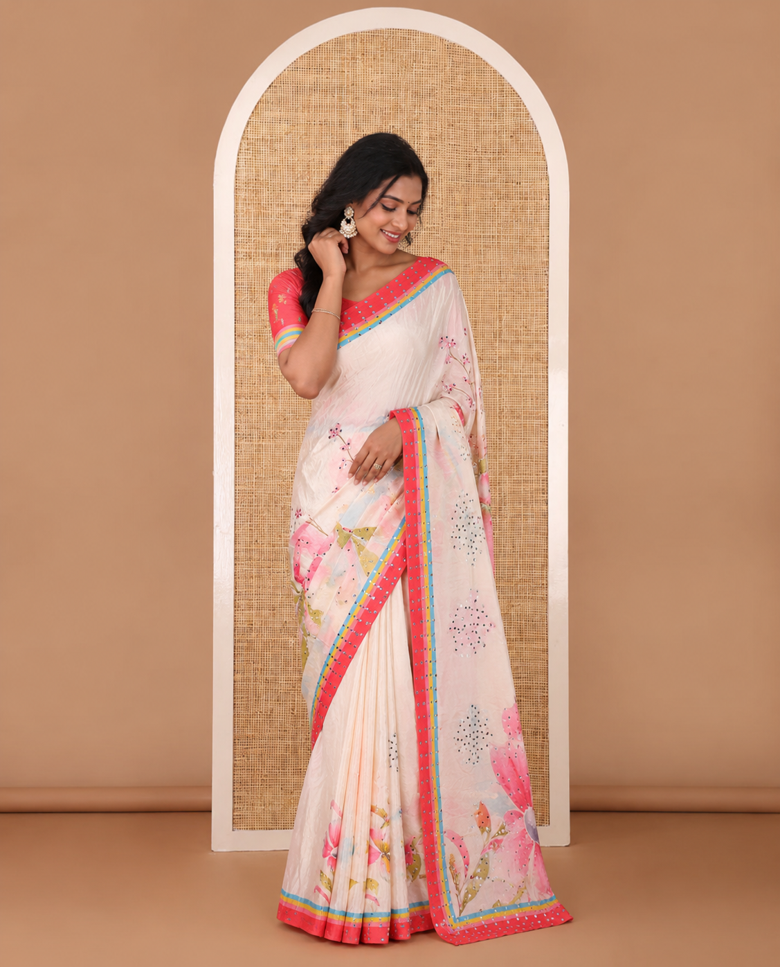 Cream floral printed, mirror work masakali saree with printed, mirror work border & printed pallu along with plain blouse