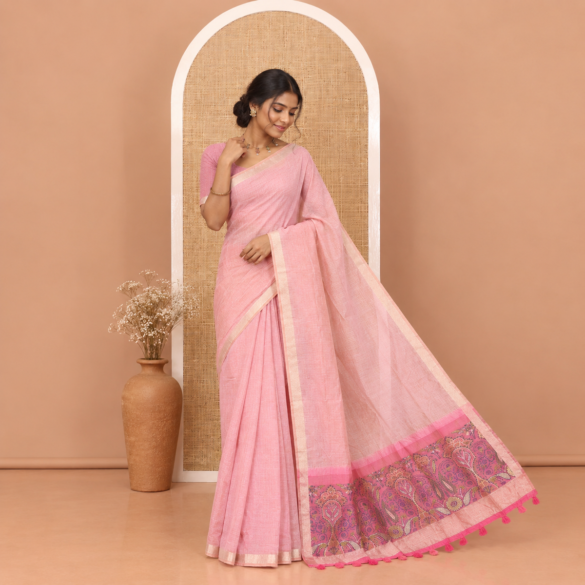 Onion Pink Plain Jamdani Cotton Saree, Highlighted by a Golden Zari Border, Pallu of Kashmiri-Style Weaving, and Paired with a Contrast Striped Blouse