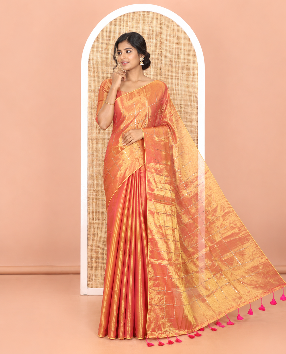 Borderless gold sequins embroidered checked khadi tissue saree, self-pallu, and a plain matching blouse