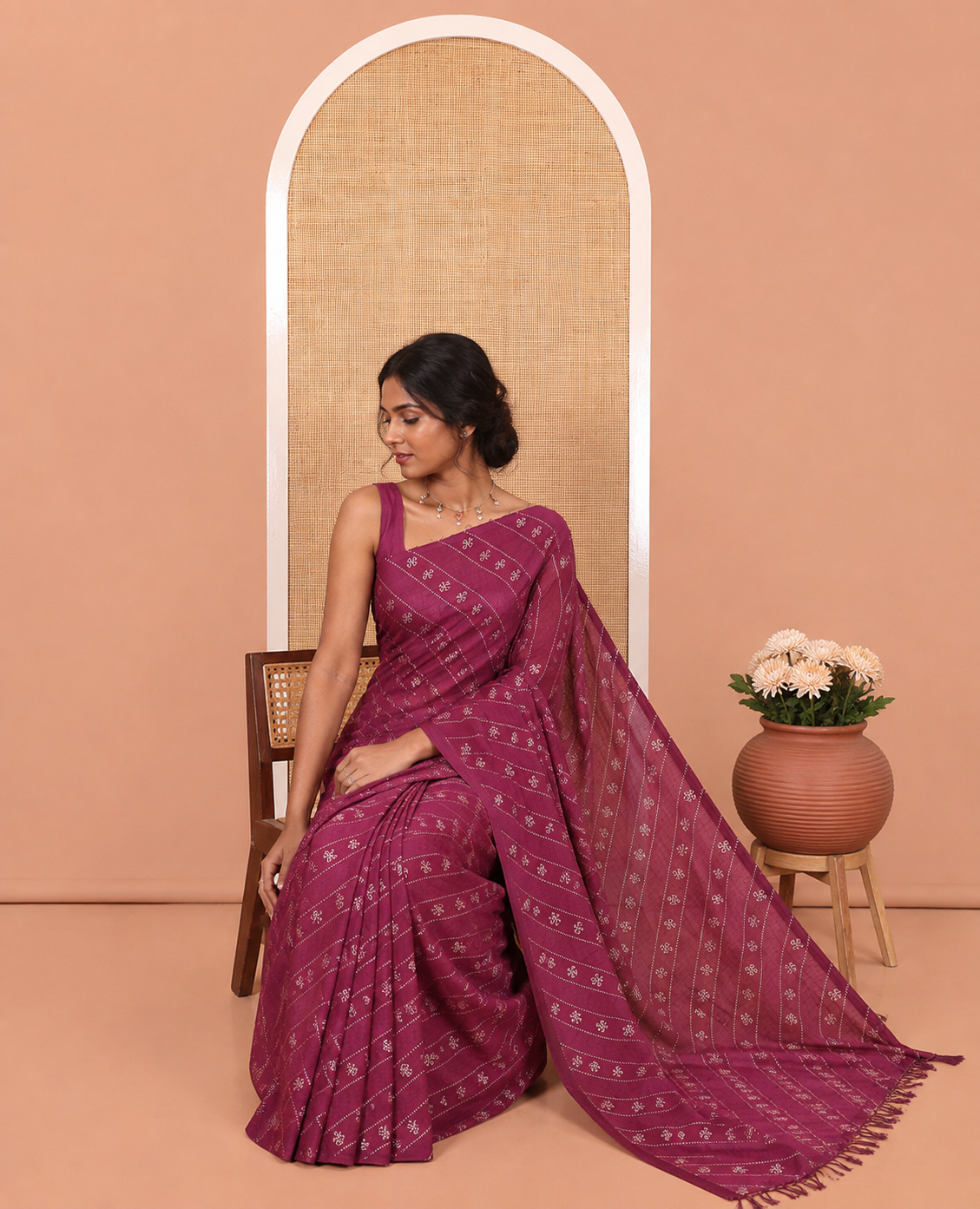 Borderless Purple Vichitra Silk Saree, Gleamed Up with Floral Buttas and Leheriya-Style Foil Print on Its Body, a Self-Pallu, and Has No Blouse