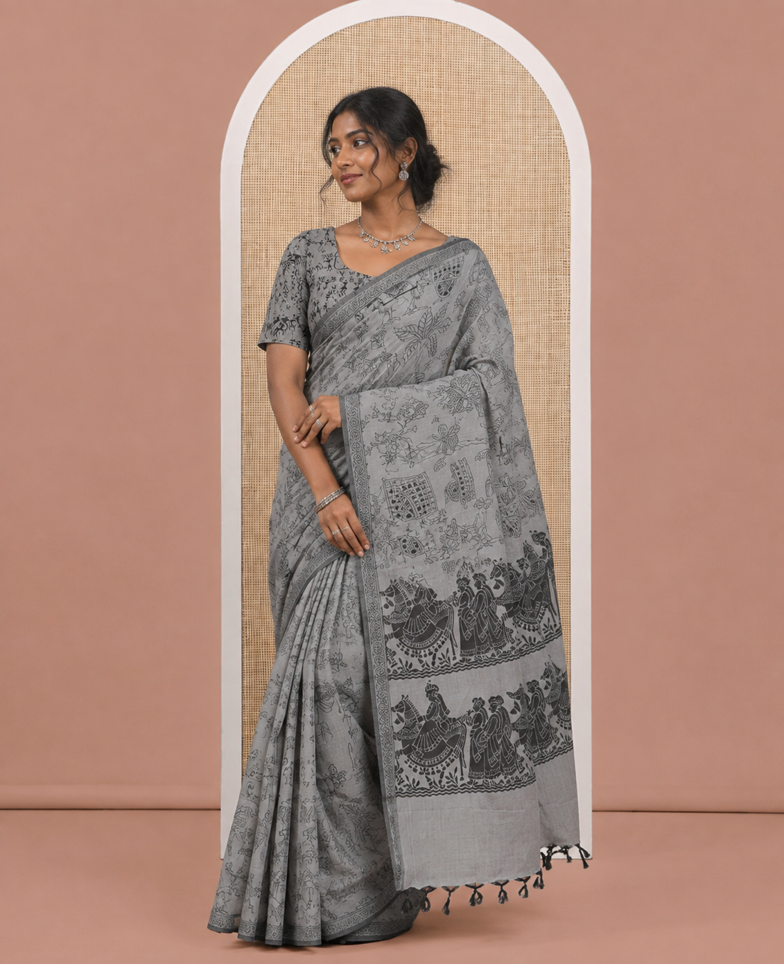Borderless Light Brown South Cotton Saree Features Traditional Village-Theme Print, and a Matching Blouse