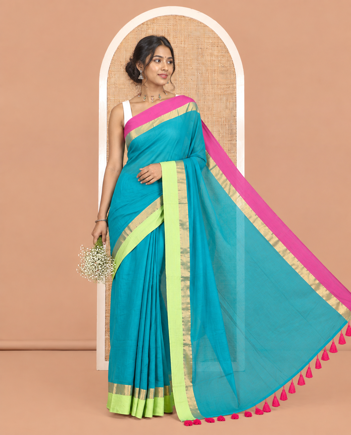 Rama Green Plain Khadi Mul Cotton Saree, a Contrast Ganga-Jamuna Zari Border, a Self-Pallu, and No Blouse
