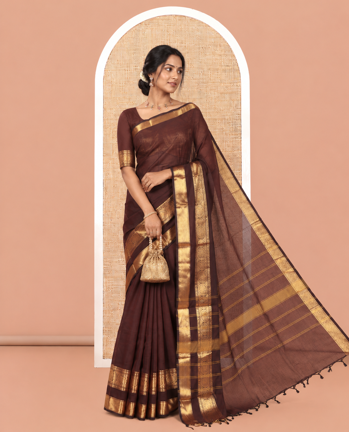 Brown Plain Chettinad Cotton Saree, a Zari Traditional Rettai Pettu Chakram Border, Striped Pallu, and a Matching Blouse