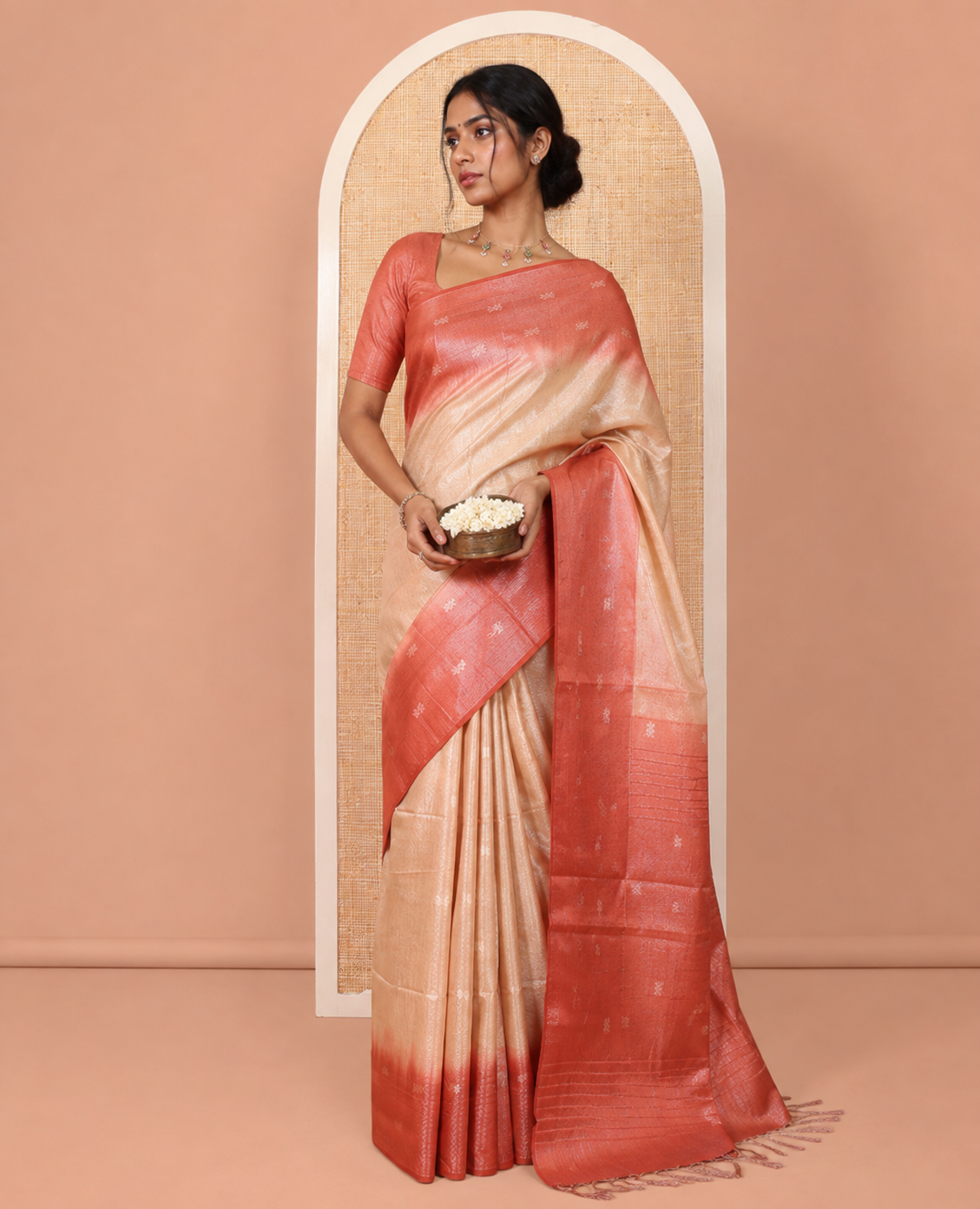 Chikku Buttas Bhagalpur Cotton Saree, Contrast Buttas Border, and a Contrast Blouse