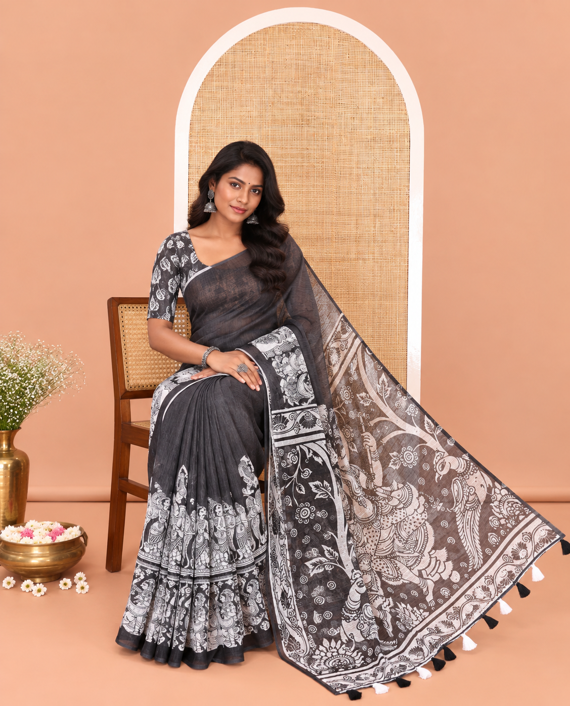 Black Linen Cotton Saree, Artfully Detailed with Kalamkari Human Figurines Printed On Its Body, Highlighted by Self-Pallu Pictures Human Figurines, and Paired with a Printed Blouse