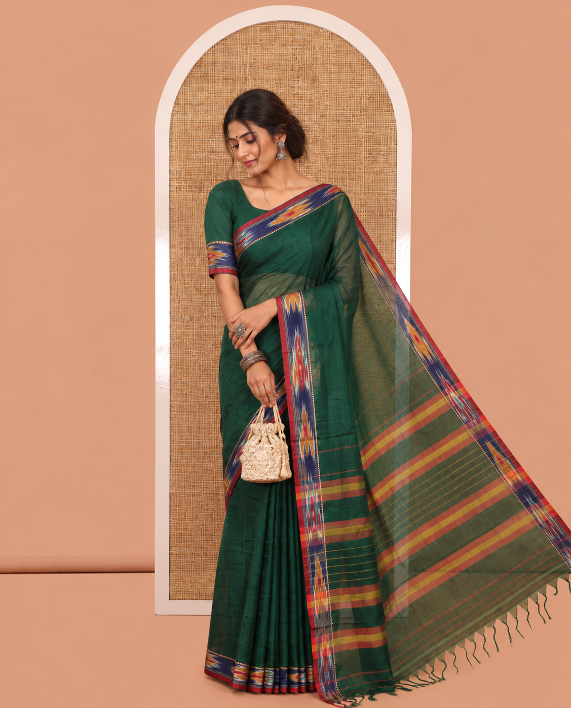 Green Plain Mercerised Cotton Saree, a Contrast Ikat Border, an Ikat Weave Pallu, and a Matching Blouse
