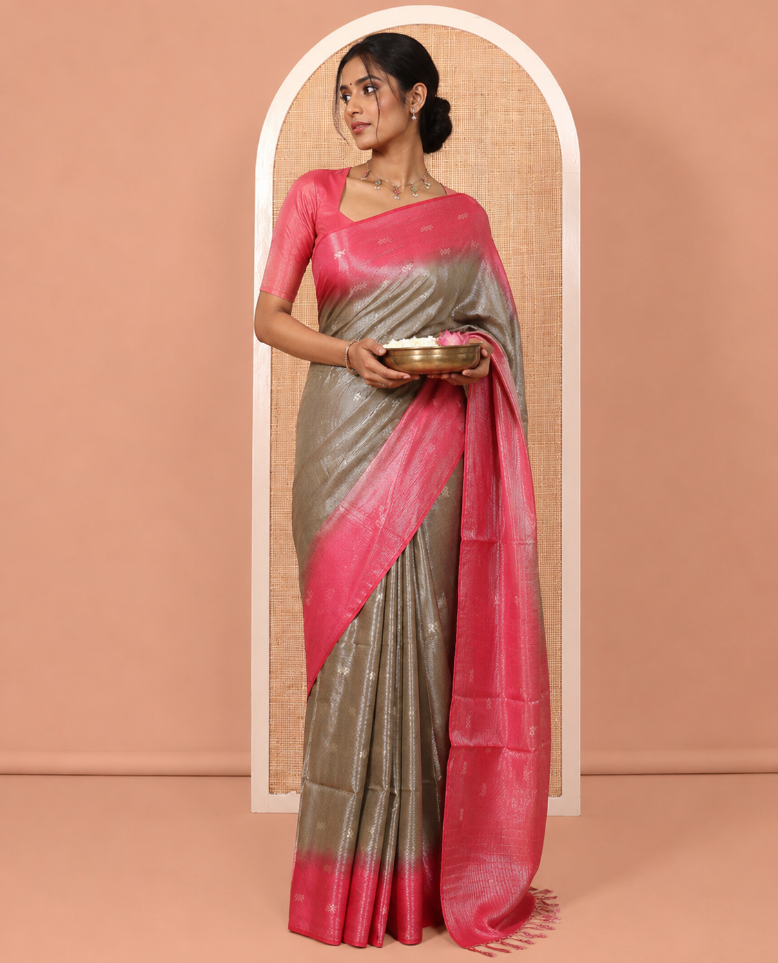 Mehendi Buttas Bhagalpur Cotton Saree, Contrast Buttas Border, and a Contrast Blouse