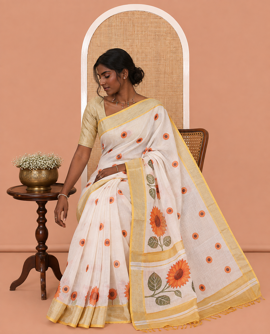 Cream Sunflower Printed Linen Cotton Saree, a Contrast Zari Border, and a Contrast Blouse