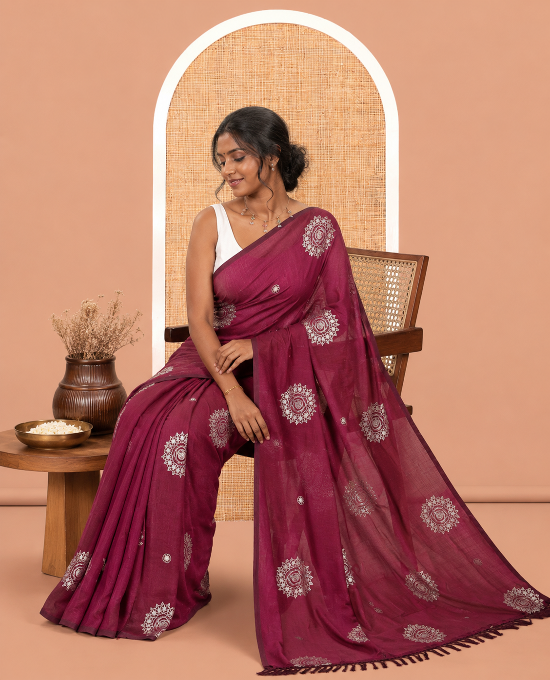Borderless Wine Vichitra Silk Saree, Enriched with Circle Buttas, a Self-Pallu, and No Blouse