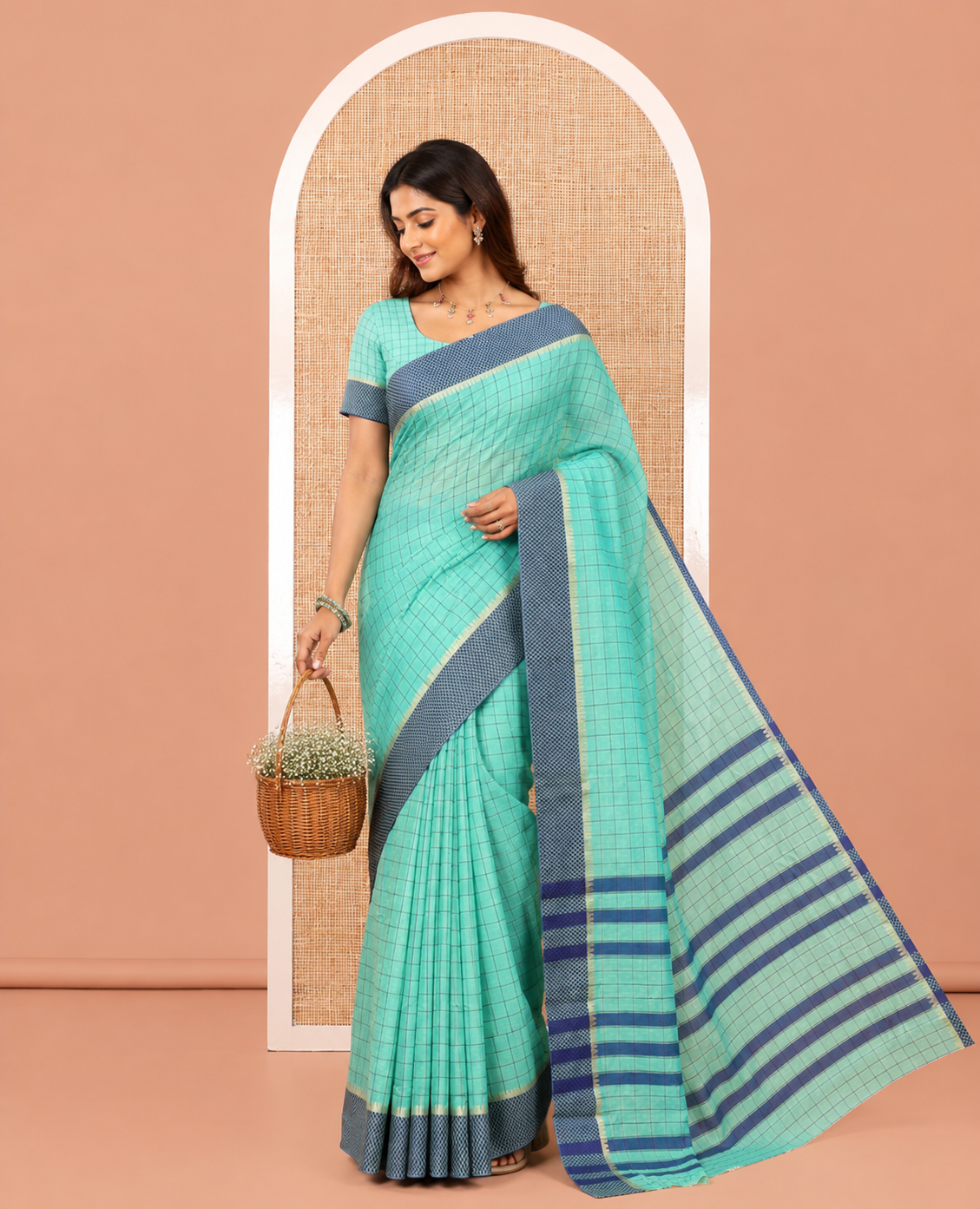 Sea Green Checked Mercerised Cotton Saree, Contrast Temple Ara Maadam Border, Striped Pallu, and Matching Blouse
