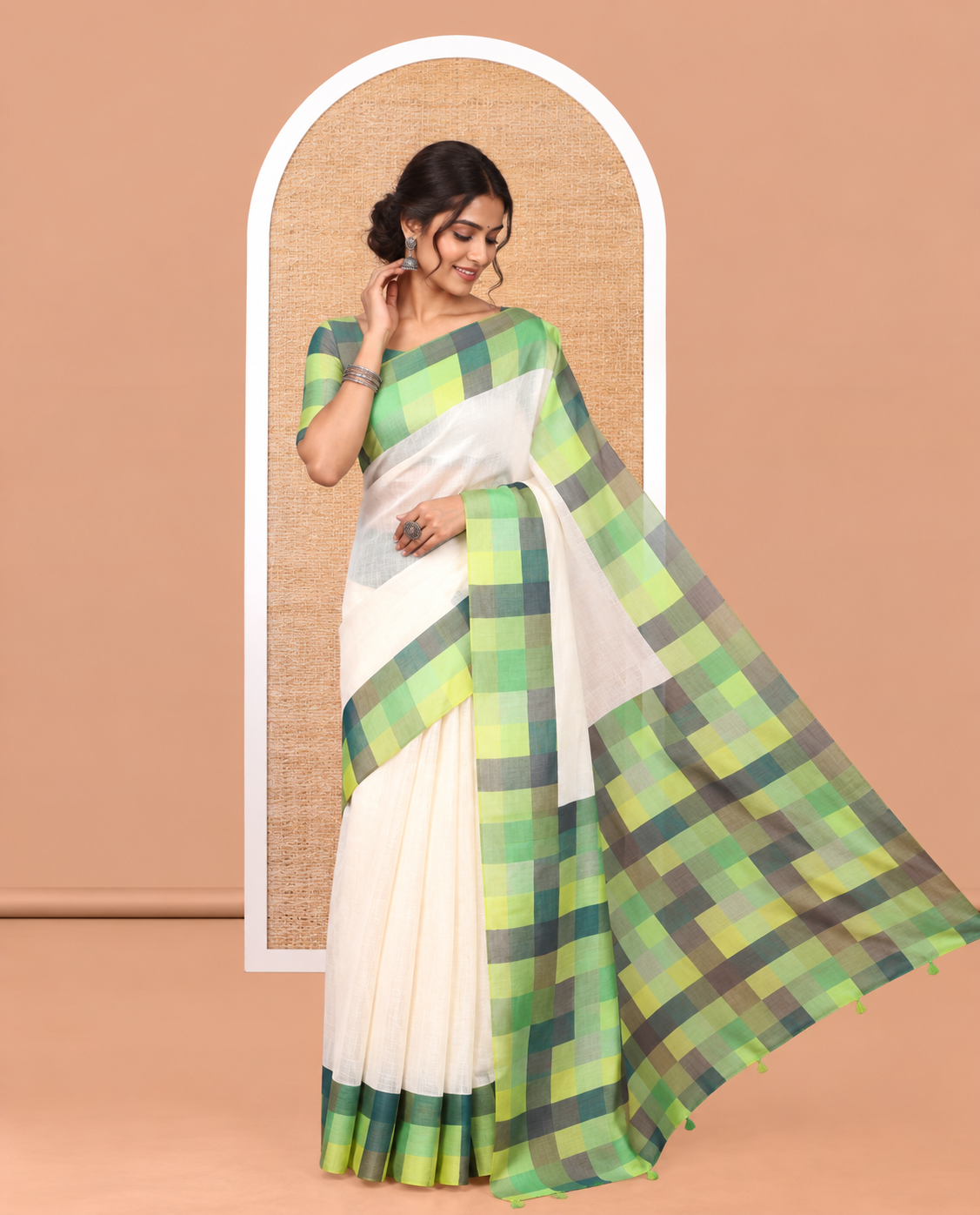Cream-Green Plain Handloom Cotton Saree, a Contrast Checked Border, Checked Pallu, and a Contrast Blouse