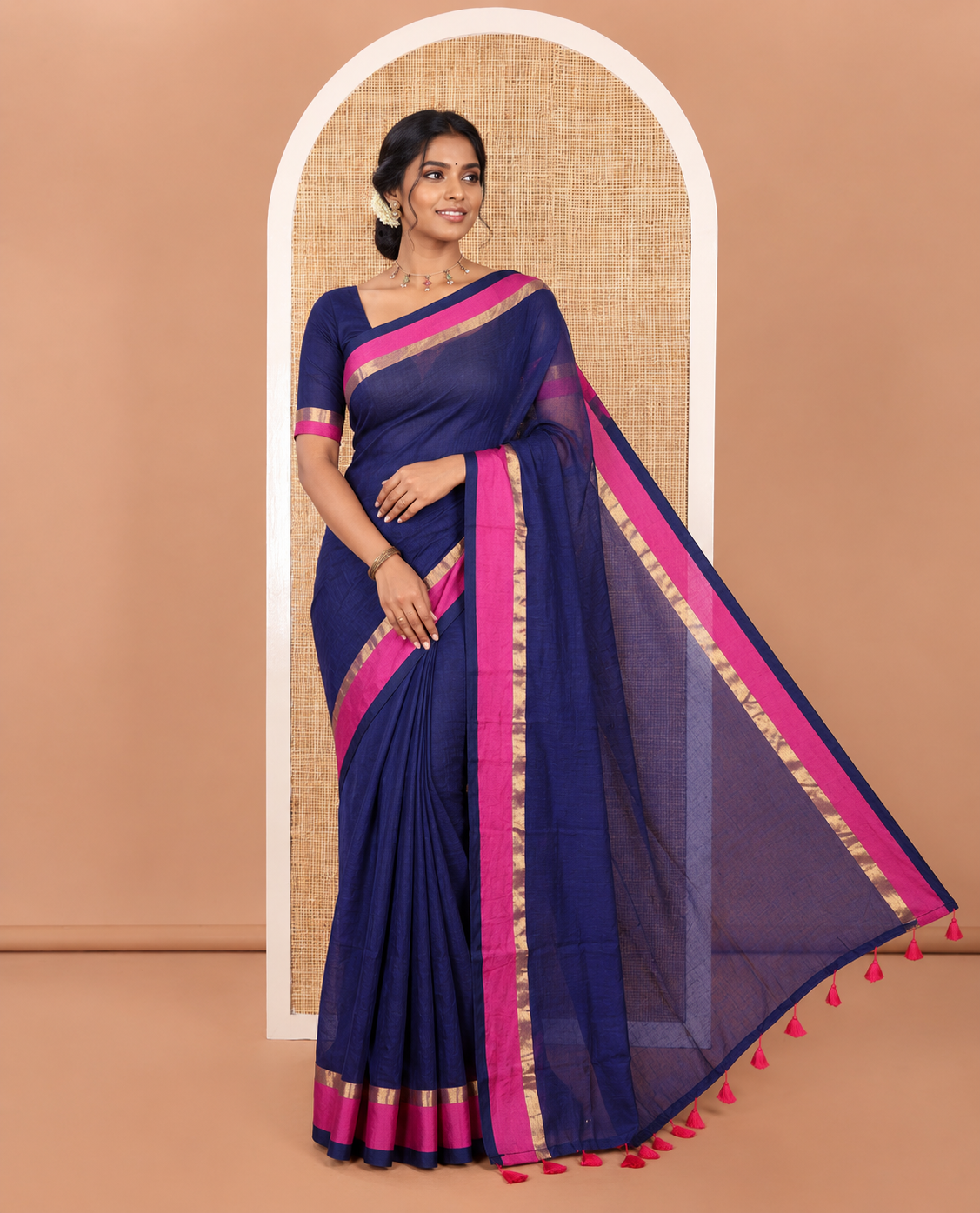 Blue Plain Khadi Mul Cotton Saree, Complemented by Contrast Zari Striped Border, Plain Pallu, and Paired with a Matching Blouse
