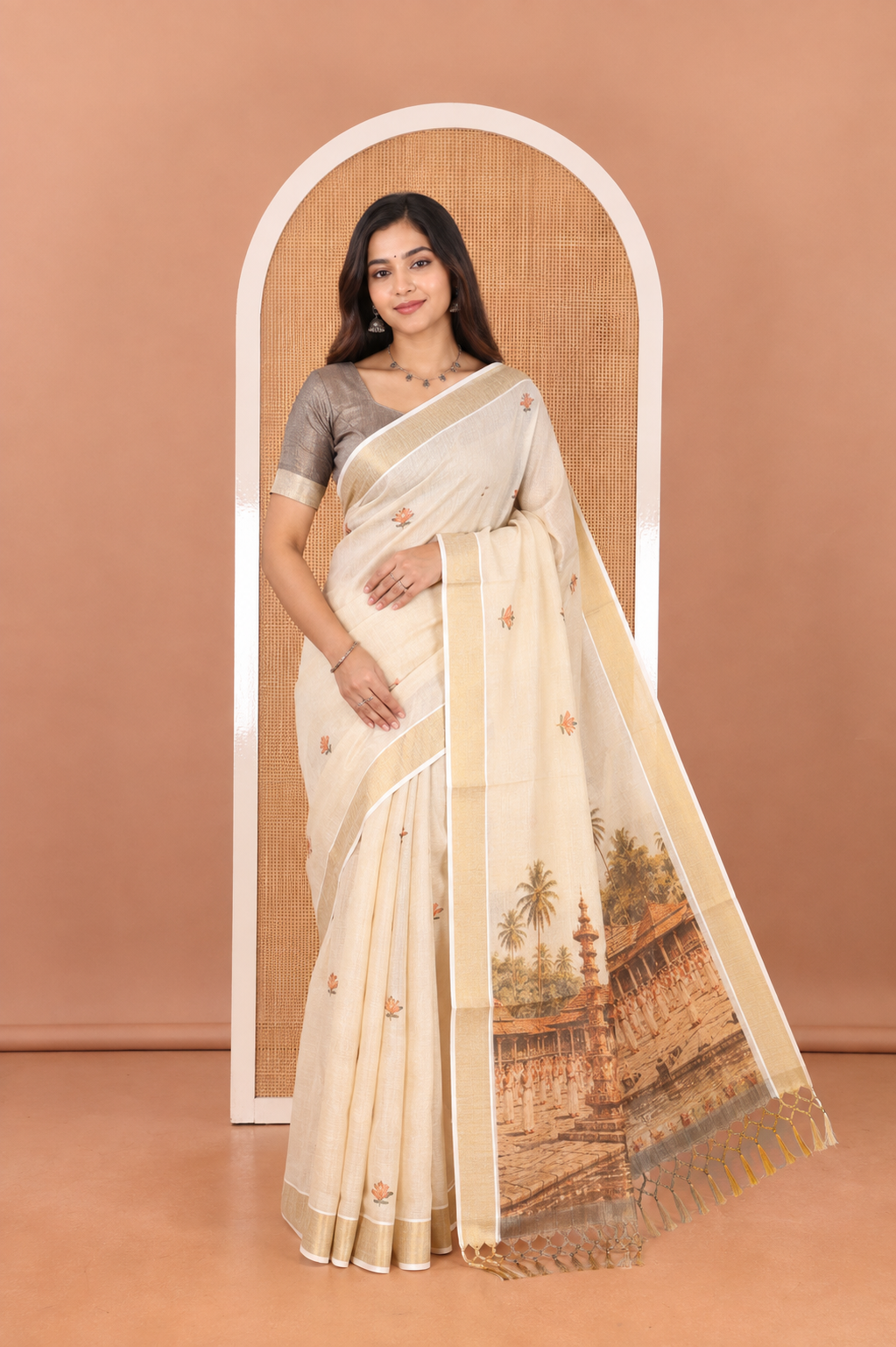 Gold Kerala Cotton Saree, Accentuated with Flower Motif Print, a Zari Border, Pallu of Temple Motifs, and a Contrast Blouse