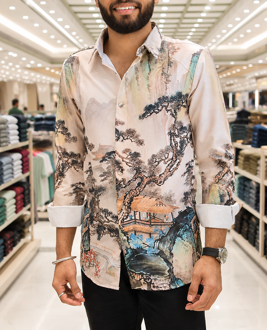 Cream Cotton-Blended Casual Shirt, Creatively Designed with a Forest-Themed Tree House Print, Featuring a Spread Collar, Full Sleeves, Slim Fit, and Regular Length