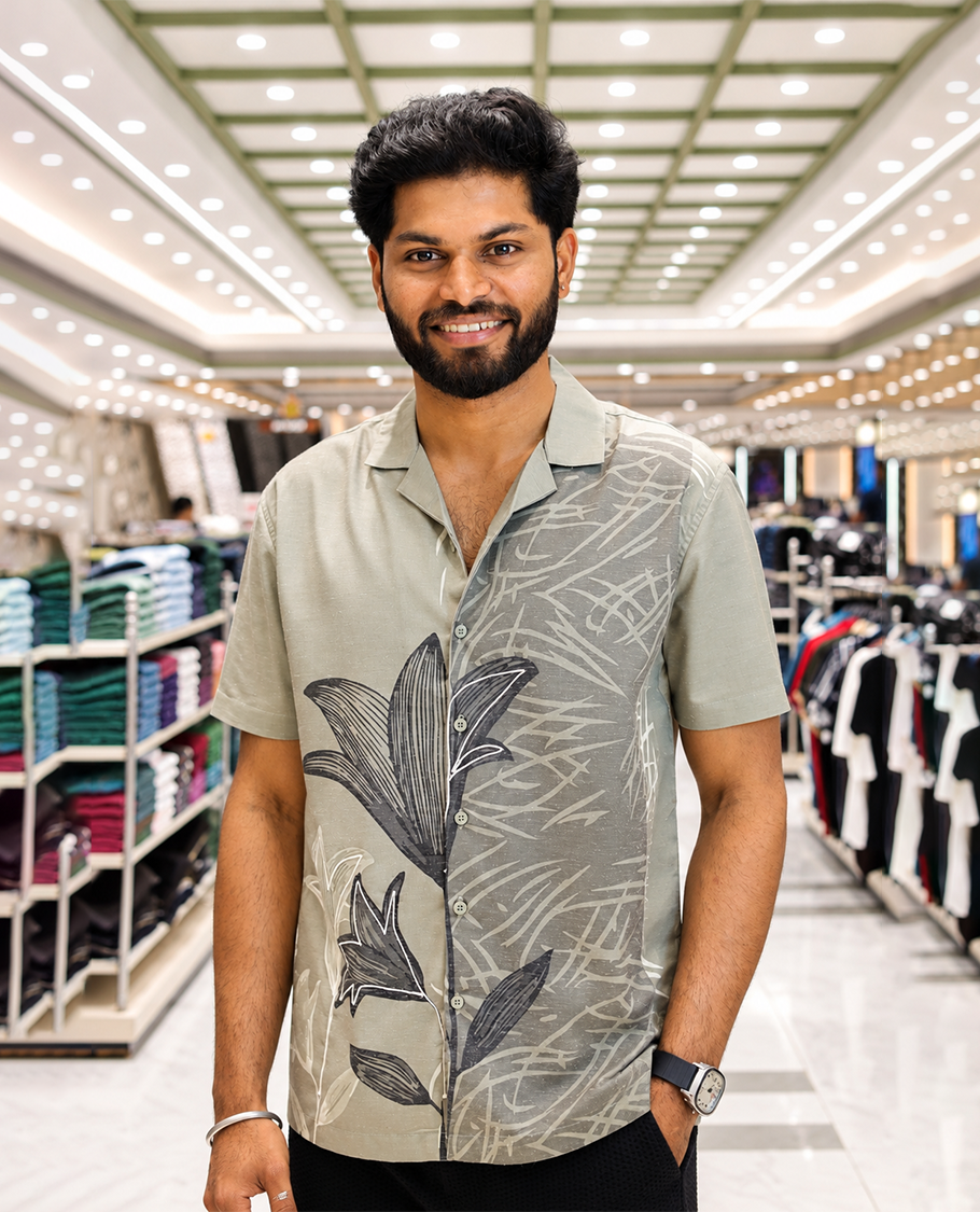 Grey Cotton-Blended Casual Shirt, Beautified with Flora-Geometric Motifs Print and Embroidery, Featuring a Cuban Collar, Half Sleeves, Slim Fit, and Regular Length
