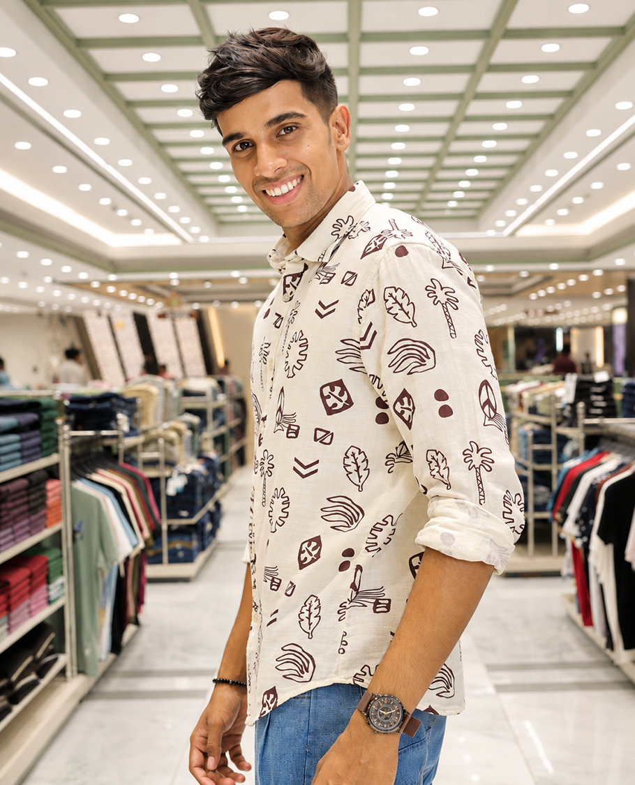 Cream-Brown Cotton-Blended Casual Shirt, Uniquely Printed with Tropical Flora-Theme Motifs, Featuring a Spread Collar, Full Sleeves, Slim Fit, and Regular Length