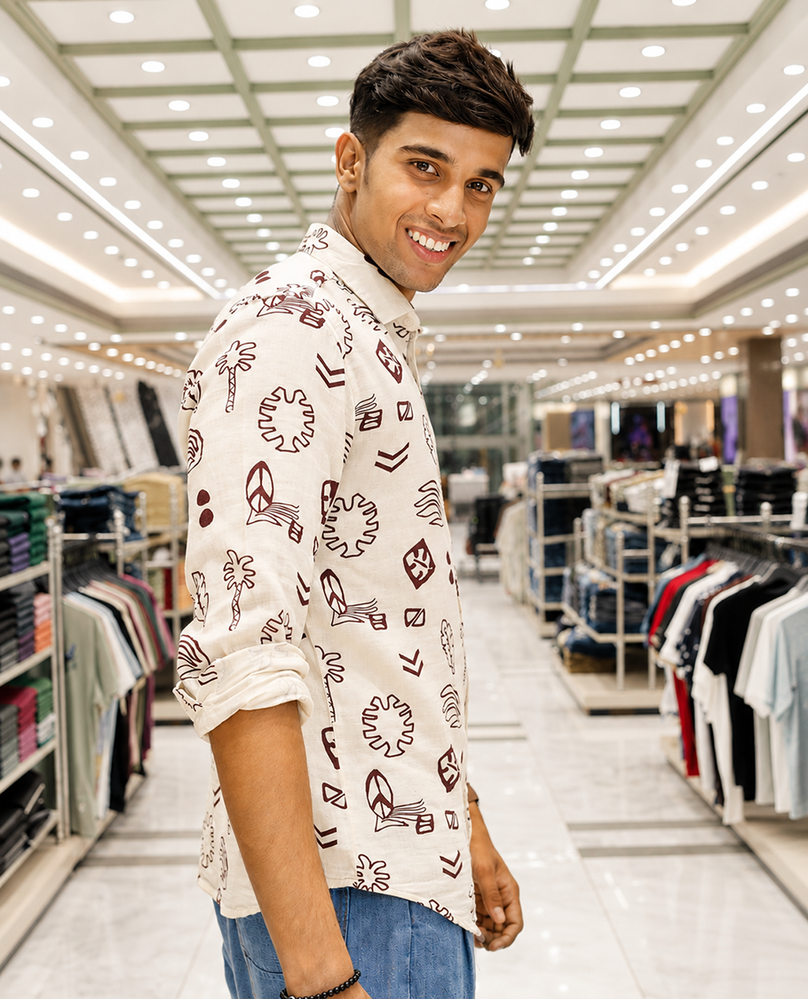 Cream-Brown Cotton-Blended Casual Shirt, Uniquely Printed with Tropical Flora-Theme Motifs, Featuring a Spread Collar, Full Sleeves, Slim Fit, and Regular Length