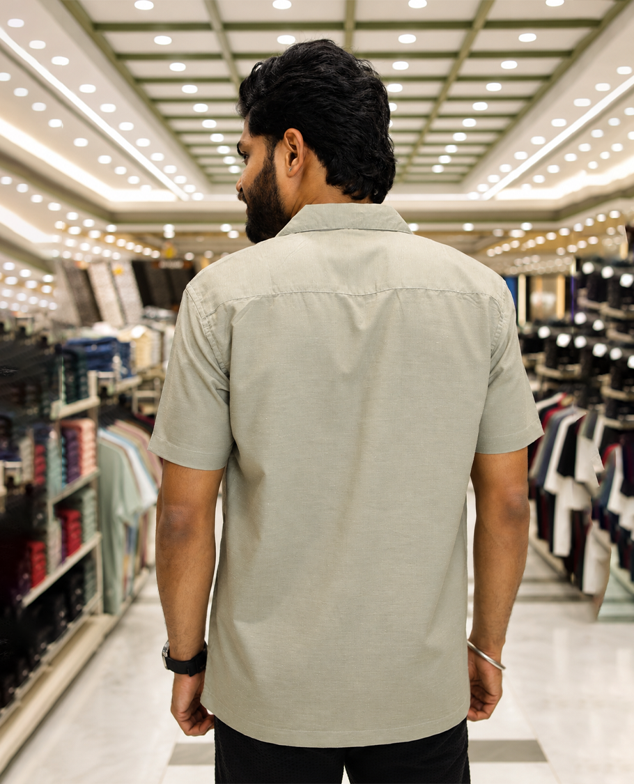 Grey Cotton-Blended Casual Shirt, Beautified with Flora-Geometric Motifs Print and Embroidery, Featuring a Cuban Collar, Half Sleeves, Slim Fit, and Regular Length
