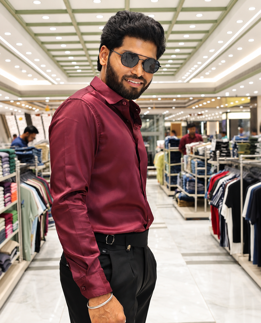 Maroon Solid Satin Formal Shirt, Featuring a Spread Collar, Full Sleeves, Slim Fit, and Regular Length