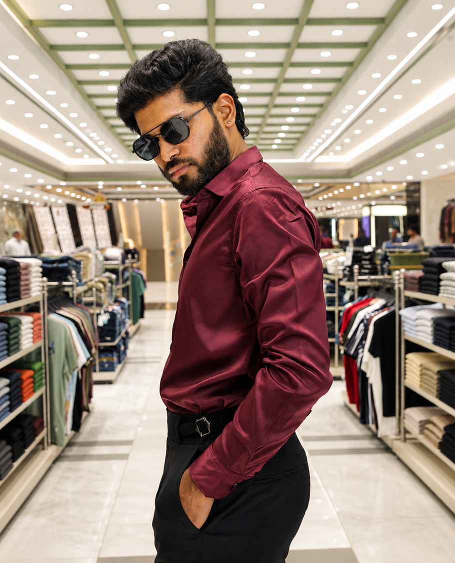 Maroon Solid Satin Formal Shirt, Featuring a Spread Collar, Full Sleeves, Slim Fit, and Regular Length
