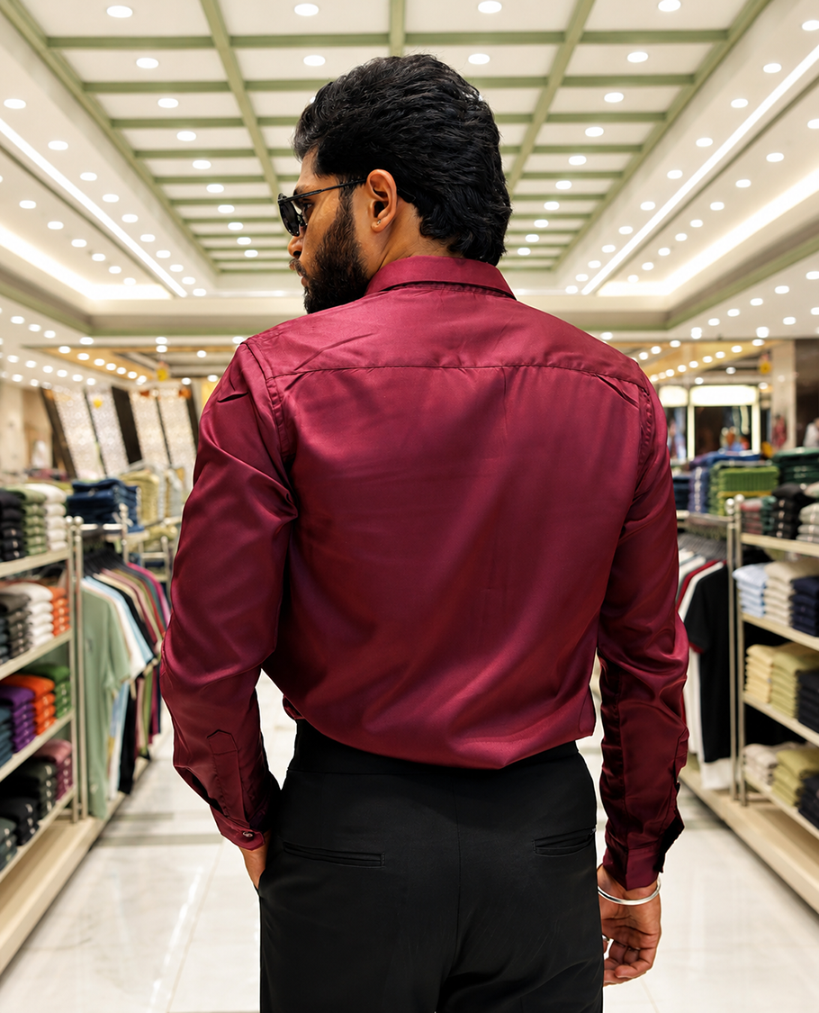 Maroon Solid Satin Formal Shirt, Featuring a Spread Collar, Full Sleeves, Slim Fit, and Regular Length