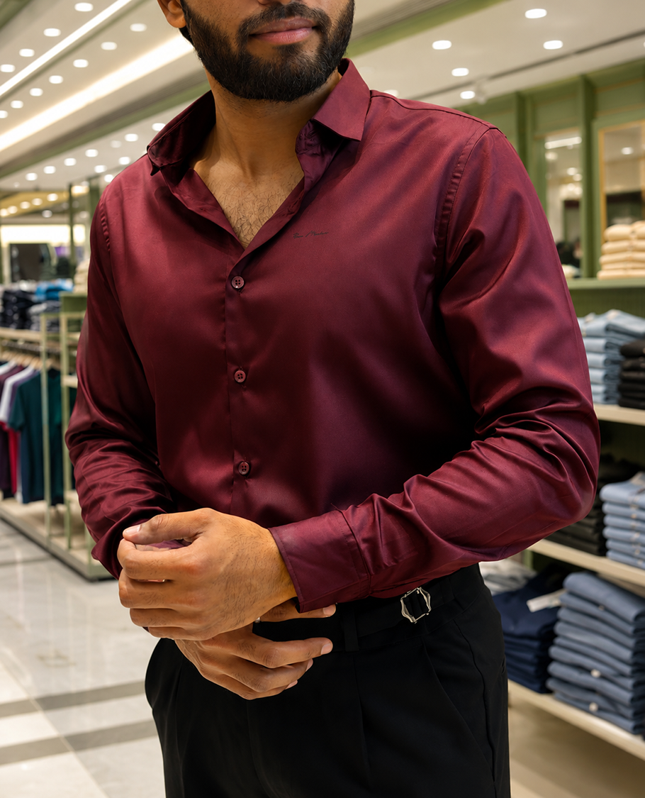 Maroon Solid Satin Formal Shirt, Featuring a Spread Collar, Full Sleeves, Slim Fit, and Regular Length