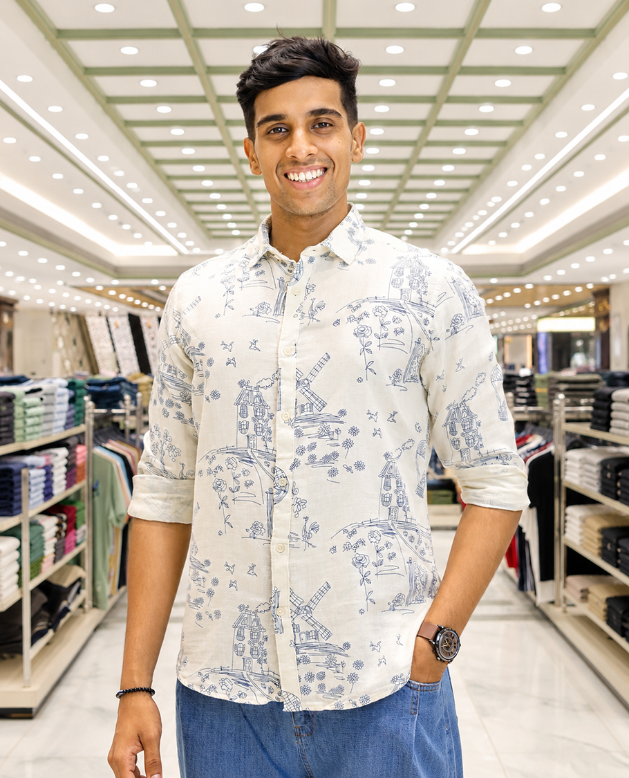 Cream-Blue Cotton-Blended Casual Shirt, with Flora and Windmill Prints, Featuring a Spread Collar, Full Sleeves, Slim Fit, and Regular Length