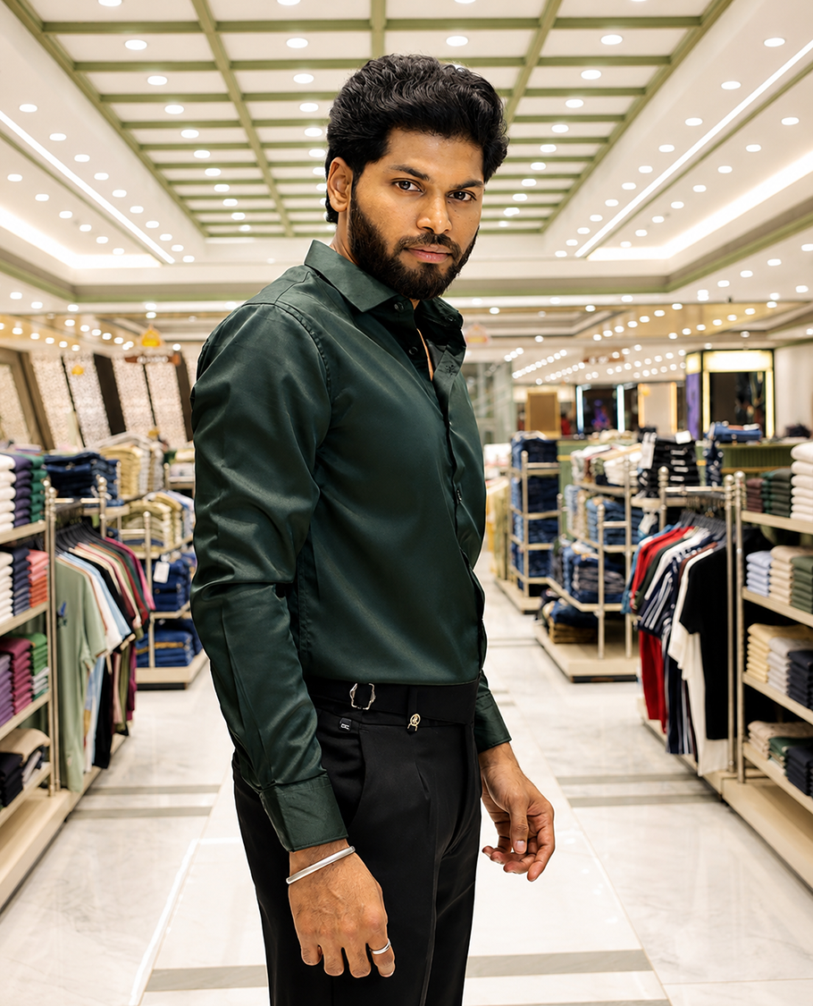 Green Solid Satin Formal Shirt, Featuring a Spread Collar, Full Sleeves, Slim Fit, and Regular Length