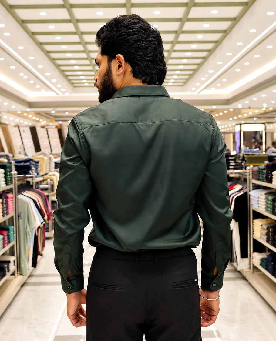Green Solid Satin Formal Shirt, Featuring a Spread Collar, Full Sleeves, Slim Fit, and Regular Length