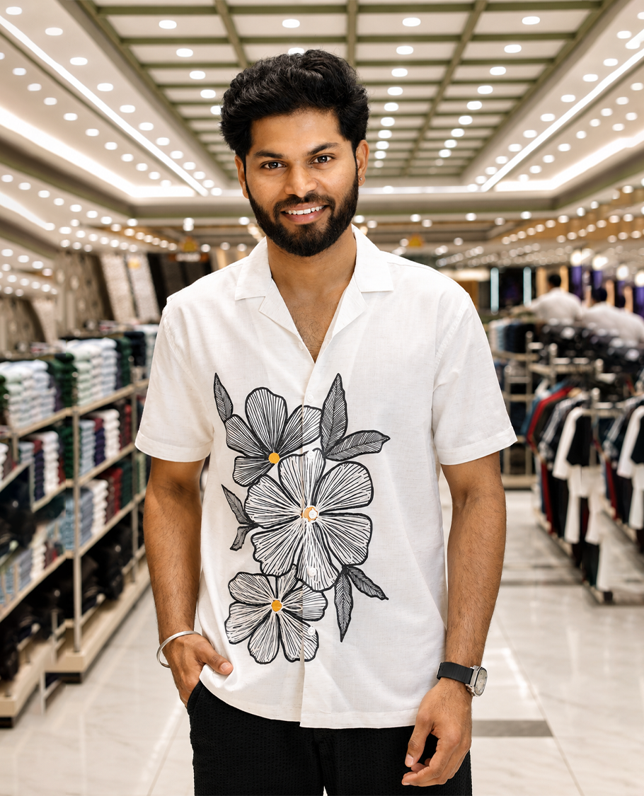 White Cotton-Blended Casual Shirt, Prettified with Floral Motifs Print and Embroidery, Featuring a Cuban Collar, Half Sleeves, Slim Fit, and Regular Length