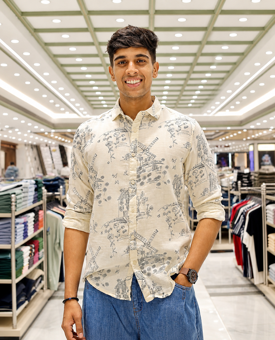 Cream-Black Cotton-Blended Casual Shirt, with Flora and Windmill Prints, Featuring a Spread Collar, Full Sleeves, Slim Fit, and Regular Length