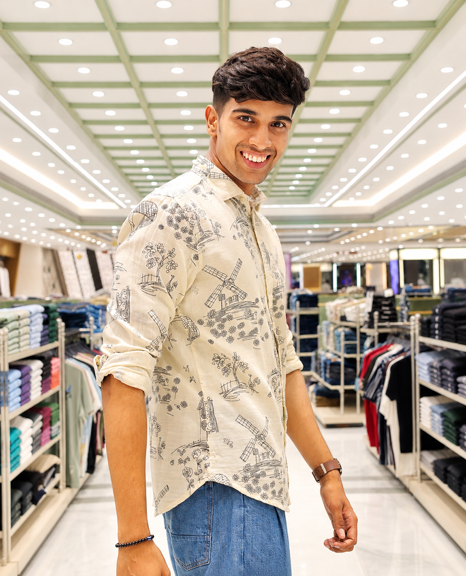 Cream-Black Cotton-Blended Casual Shirt, with Flora and Windmill Prints, Featuring a Spread Collar, Full Sleeves, Slim Fit, and Regular Length