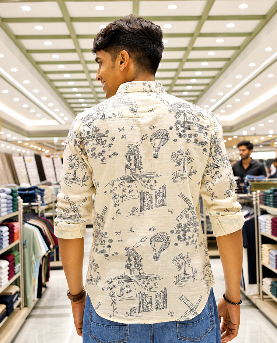 Cream-Black Cotton-Blended Casual Shirt, with Flora and Windmill Prints, Featuring a Spread Collar, Full Sleeves, Slim Fit, and Regular Length