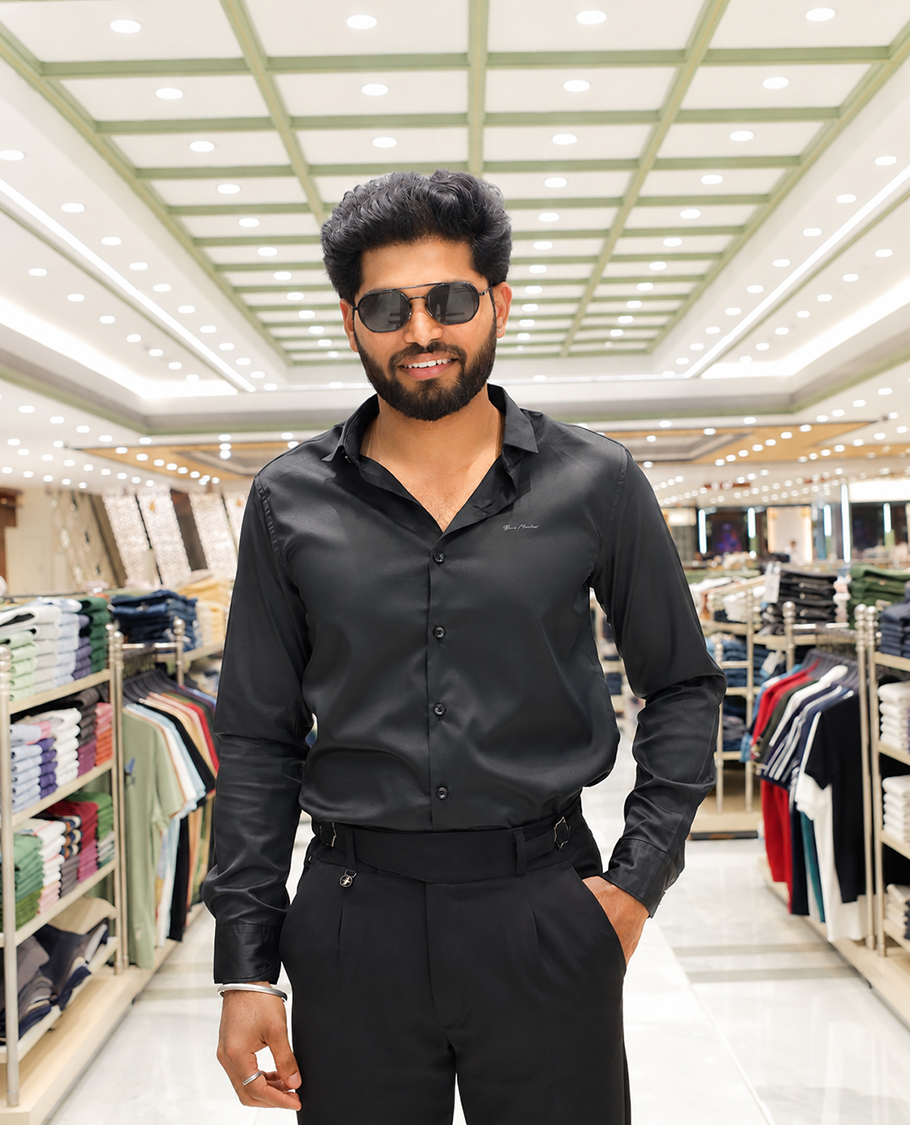 Black Solid Satin Formal Shirt, Featuring a Spread Collar, Full Sleeves, Slim Fit, and Regular Length