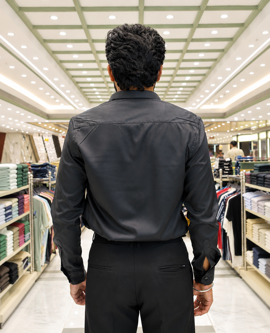 Black Solid Satin Formal Shirt, Featuring a Spread Collar, Full Sleeves, Slim Fit, and Regular Length