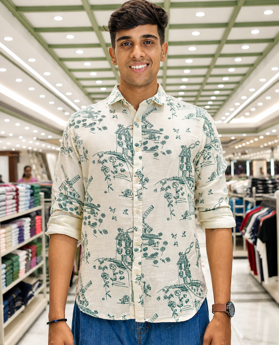 Cream-Green Cotton-Blended Casual Shirt, with Flora and Windmill Prints, Featuring a Spread Collar, Full Sleeves, Slim Fit, and Regular Length