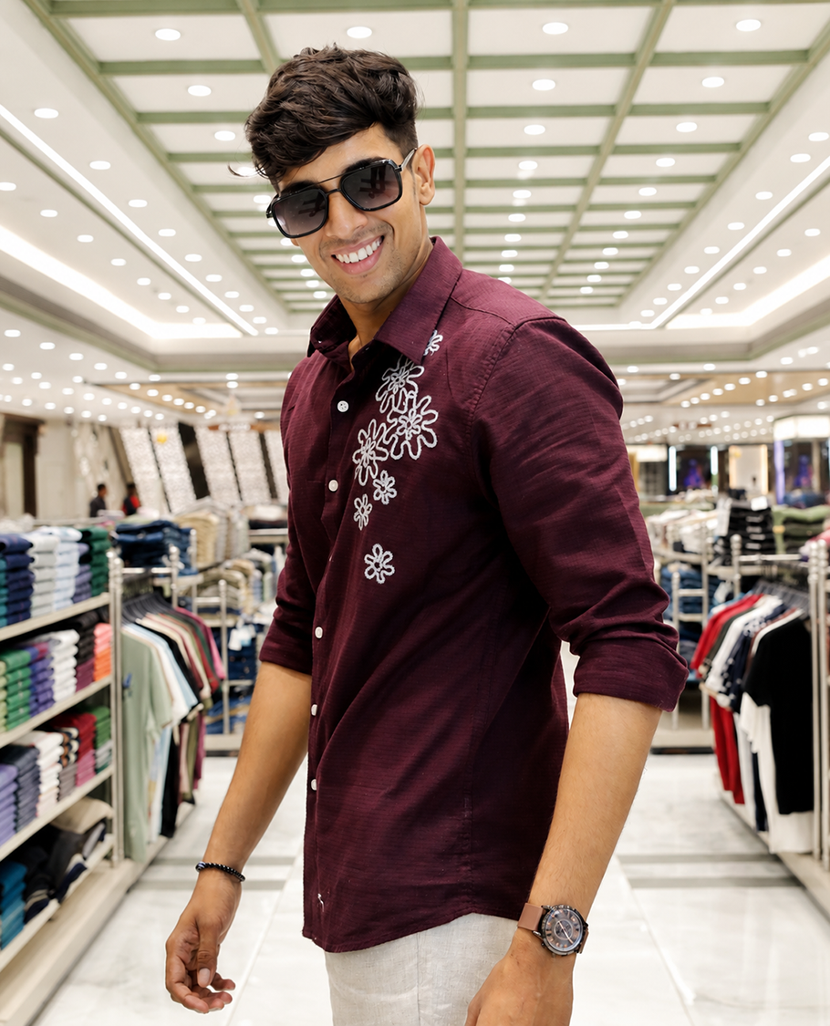 Maroon Cotton-Blended Casual Shirt, Adorned with Flower Thread Outline Embroidery, Featuring a Spread Collar, Full Sleeves, Slim Fit, and Regular Length