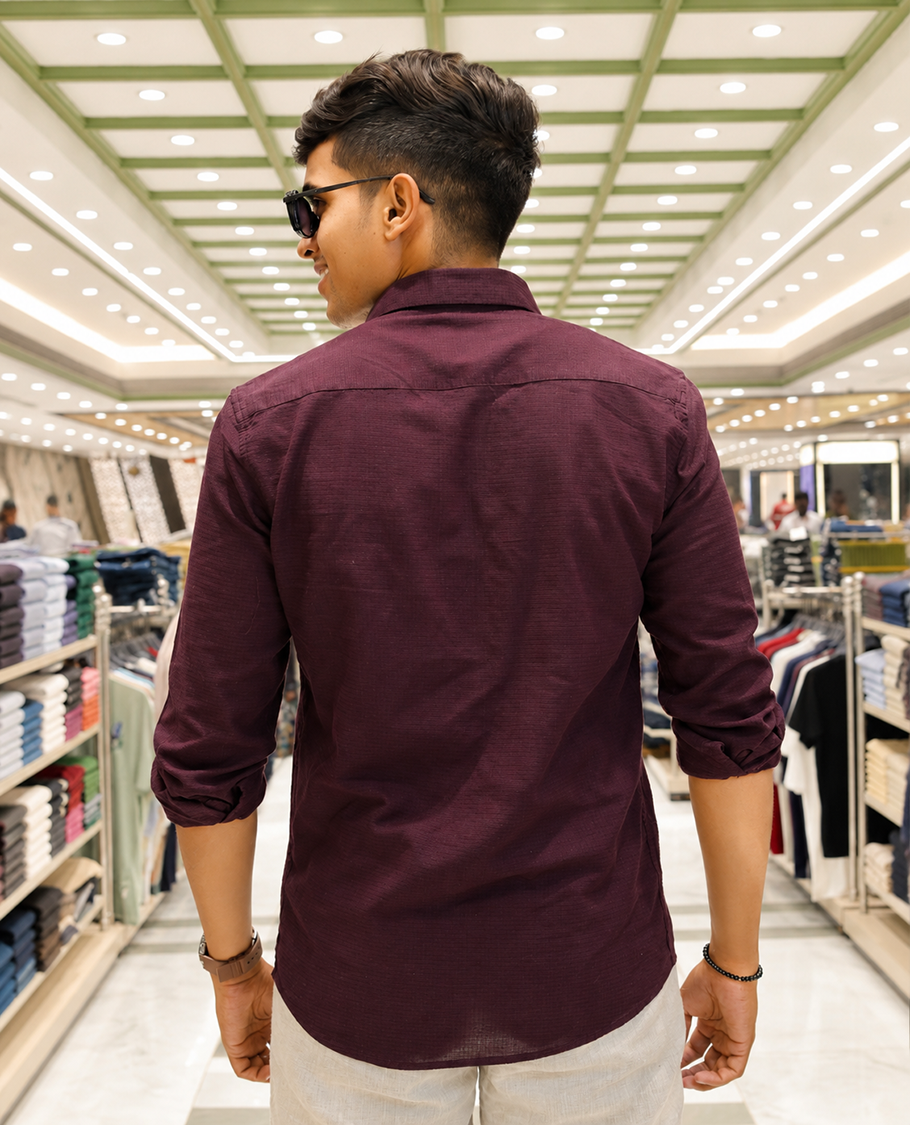 Maroon Cotton-Blended Casual Shirt, Adorned with Flower Thread Outline Embroidery, Featuring a Spread Collar, Full Sleeves, Slim Fit, and Regular Length