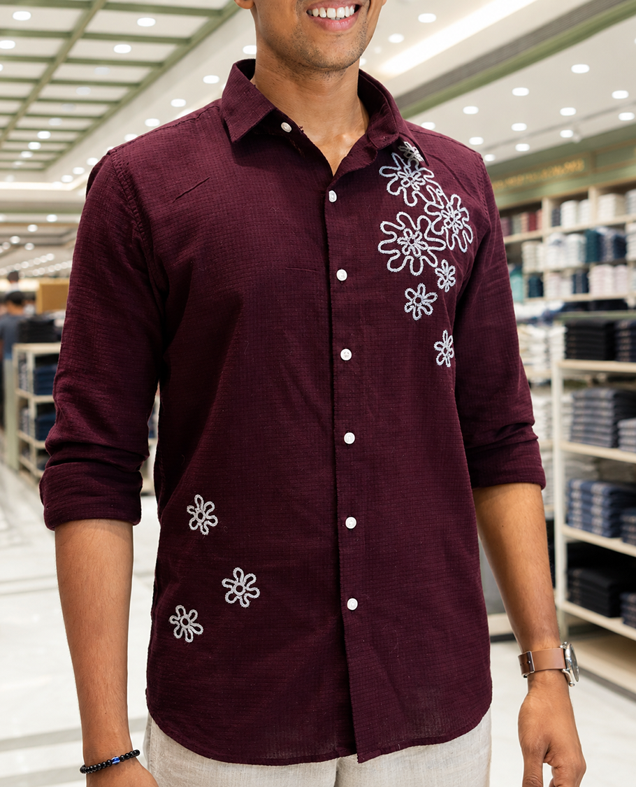 Maroon Cotton-Blended Casual Shirt, Adorned with Flower Thread Outline Embroidery, Featuring a Spread Collar, Full Sleeves, Slim Fit, and Regular Length